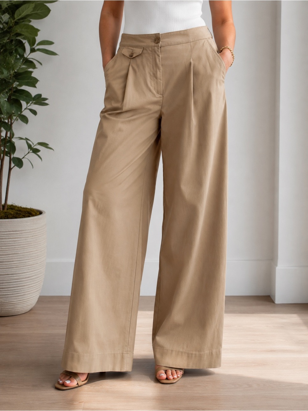 LOFT Khaki Wide Leg Cotton Blend Pants Size 4